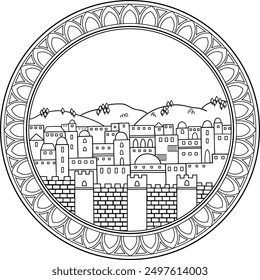 Middle east city coloring page. Flat round illustration