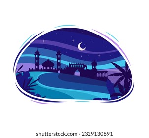 Middle East city silhouettes at night vector illustration. Cartoon isolated banner with Arabian midnight city landscape, blue scenery with moon in sky, minarets and domes, walls and towers of mosques