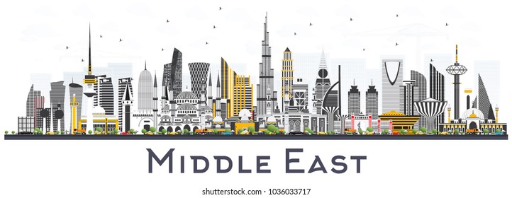 Middle East City Skyline with Color Buildings Isolated on White. Vector Illustration. Business Travel and Tourism Concept with Modern Architecture. Middle East Cityscape with Landmarks.