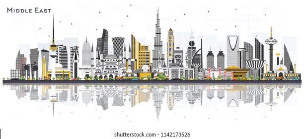 Middle East City Skyline with Color Buildings and Reflections Isolated on White. Vector Illustration. Dubai, Kuwait, Abu Dhabi, Doha, Jeddah. Travel and Tourism Concept with Modern Architecture.