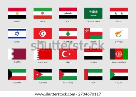 Middle East Countries Flags Collection Set – Vector Illustration of National Flags with Names