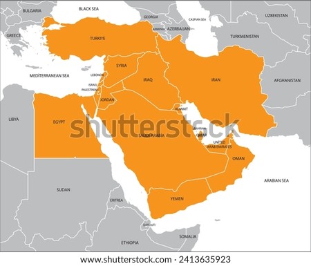 Middle East countries map. Countries in the Middle East and other neighboring countries. Anatolia, Mesopotamia, Africa, Asia, Europe.
