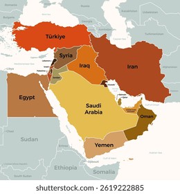 Middle East Country Map, with Border and Vector Illustration