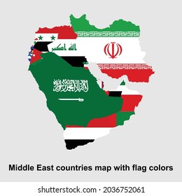 Mapa de países de Oriente Medio coloreado con colores de bandera ilustraciones vectoriales aisladas