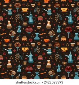 Middle East cuisine pattern with arabic coffee in coffee pot, traditional dallah, dates and floral ornaments. Seamless vintage background with traditional arab countries hot drinks and food.