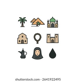 Middle East Culture and Heritage Icon Set – Vector Symbols of Mosque, Desert, Palm Tree, Hijab Woman, Prayer Beads, Fortress, Coffee Pot, and Traditional Middle Eastern Elements