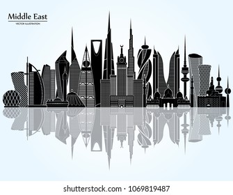 Middle East detailed skyline. Vector Illustration. Main buildings of Istanbul, Dubai, Kuwait, Manama, Abu Dhabi, Riyadh, Jeddah and Doha.