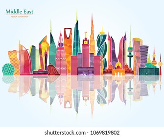 Middle East detailed skyline. Vector Illustration. Main buildings of Istanbul, Dubai, Kuwait, Manama, Abu Dhabi, Riyadh, Jeddah and Doha.