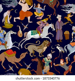 Middle East fairy tales. Medieval miniature. Mughal art. Ottoman Empire seamless pattern. Persian frescoes. Soldiers and a caravan of camels. Long Journey. Thousand and One Nights style 