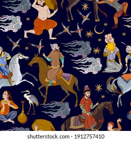 Middle East fairy tales. Medieval miniature. Mughal art. Ottoman Empire seamless pattern. Persian frescoes. Soldiers. Long Journey. Thousand and One Nights style 