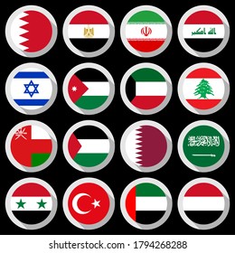 middle east flags icon set, isolated on black background 