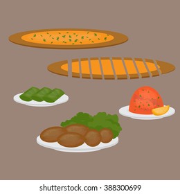Middle East Food. Common main and side dishes, pide, dolma, kisir and kofte. Turkish pizza, lentil salad, cutlet and stuffed grape leaves. Traditional food of Turkish cuisine vector