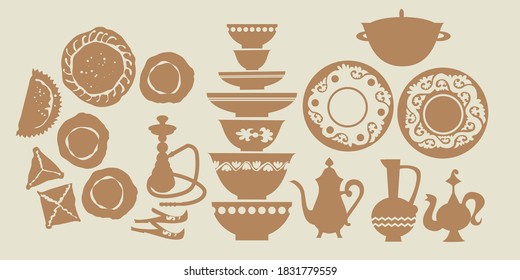 Iconos de silueta de cocina y platos de Oriente Medio. Elemento de diseño para banners web, carteles, tarjetas, fondos de pantalla, fondos de pantalla, paneles.
