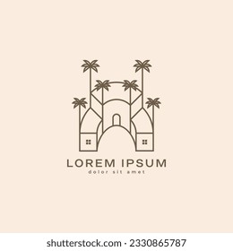 Middle east house architecture building with palm tress linear outline minimal logo design vector illustration