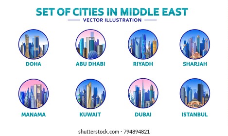 Middle East icon set skyline. Vector Illustration. Business travel and tourism concept with modern buildings. Image for banner or web site.