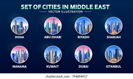 Middle East icon set skyline. Vector Illustration. Business travel and tourism concept with modern buildings. Image for banner or web site.