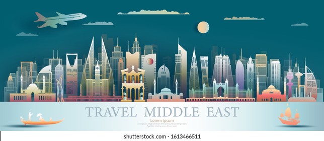 Middle east landmarks of asia with colorful ancient and modern architecture background. Tourism arab to Saudi arabia, Qatar, Bahrain, UAE, Kuwait, jordan, Business brochure design.Vector illustration