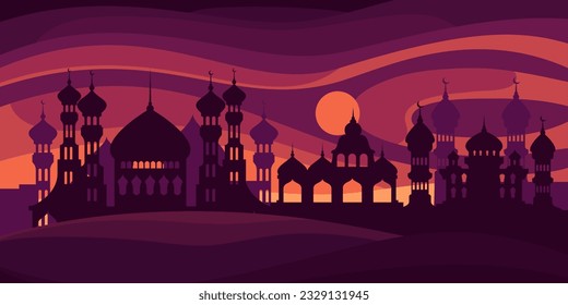 Paisaje del Medio Oriente con ciudad vieja en la ilustración vectorial al atardecer. Siluetas de dibujos animados de palacios y torres para Ramadán, diseño de tarjetas de felicitación Eid Mubarak, mezquitas con minaretes en el paisaje del desierto