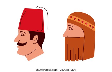 Middle east man and woman. Arab or turkish people old-fashioned style. Bazar, shopping persons. Emblem for restroom, toilet.