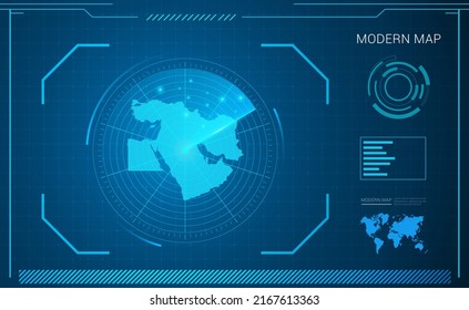 Nahostkarte des blauen digitalen Bildradars HUD, GUI, UI-Schnittstelle.