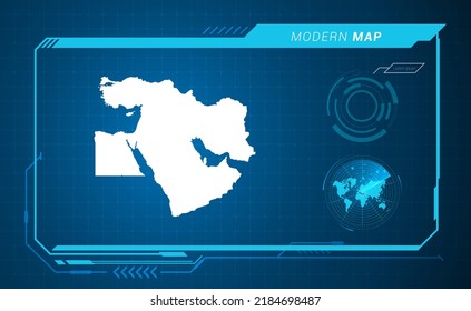 Middle East map of blue digital frame HUD, GUI, UI interface technology radar vector.