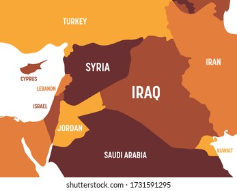 Mapa de Oriente Medio - color naranja marrón en fondo oscuro. Mapa político detallado de la región del Medio Oriente y la Península Arábiga con nombres de países, océanos y mares etiquetados.