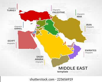 Middle east map concept infographic template with countries made out of puzzle pieces