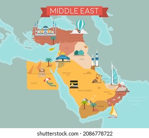 Mapa del Medio Oriente con nombres de países. Hitos turísticos y de viajes, ilustración vectorial.