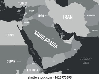 Middle East map - grey colored on dark background. High detailed political map of Middle East and Arabian Peninsula region with country, capital, ocean and sea names labeling.