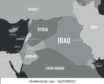 Middle East map - grey colored on dark background. High detailed political map of Middle East and Arabian Peninsula region with country, capital, ocean and sea names labeling.