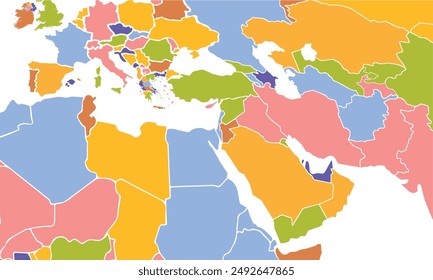Middle East map with individual colors,isolated on white background for website layouts,background,education, precise,customizable,Travel worldwide,map silhouette backdrop,earth geography, political.