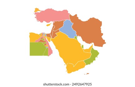 Middle east map with individual colors,isolated on white background for website layouts,background,education, precise,customizable,Travel worldwide,map silhouette backdrop,earth geography, political.