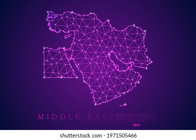 Middle East Map mash line and point scales on purple technology background. Wire Frame 3D mesh polygonal network line, design sphere, dot and structure -  Vector illustration eps 10.