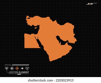 Middle East map of orange digital frame HUD, GUI, UI interface technology radar vector.