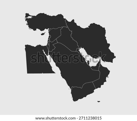 Middle East map with regions. Turkey, Saudi Arabia,Iran maps. Outline Middle East map isolated on white background. Vector illustration