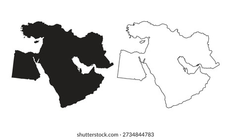 Middle East map set with black silhouette and outline version. Vector illustration of West Asia and North Africa region isolated on white background for infographics and educational use