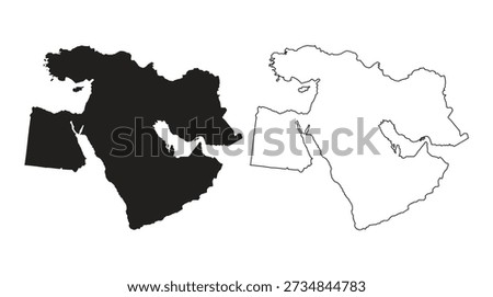 Middle East map set with black silhouette and outline version. Vector illustration of West Asia and North Africa region isolated on white background for infographics and educational use