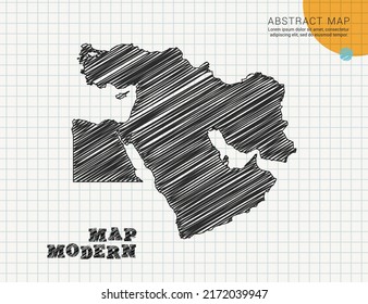 Middle East map of vector black silhouette chaotic hand drawn scribble sketch on grid paper used for notes or decoration.