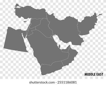 Vetor do mapa do Oriente Médio. Cinza mapa semelhante de vetor em branco do Oriente Médio em fundo transparente.  Cinza mapa semelhante com fronteiras de todos os países.  Eps 10