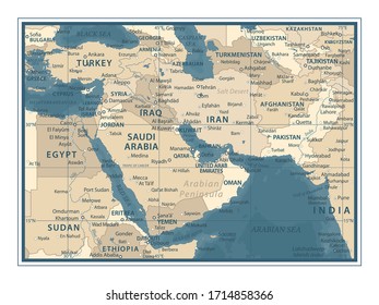 Middle East Map - Vintage Detailed Vector Illustration