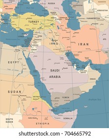 Middle East Map - Vintage Detailed Vector Illustration