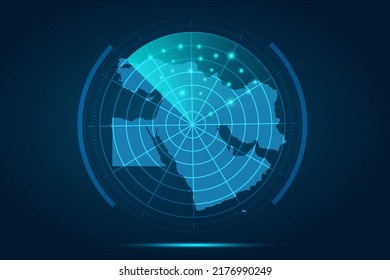 Karte Naher Osten - Weltkarte Internationale Vektorvorlage mit futuristischem Circle Radar-Stil HUD, GUI, Benutzeroberfläche einzeln auf blauem Hintergrund für Design, Infografik - Vektorgrafik eps10