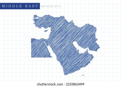 Karte Naher Osten - Weltkarte - Internationale Vektorvorlage mit blauem Skizzenstil und Stift-Zeichenketten einzeln auf weißem Hintergrund für Design, Website - Vektorgrafik eps10