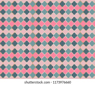 Middle East Mosque Vector Seamless Pattern. Ramadan mubarak muslim background. Traditional ramadan mosque pattern in gold grid borders. Trendy islamic window grid design of lantern shapes tiles.