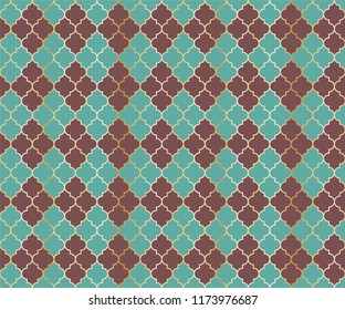 Middle East Mosque Vector Seamless Pattern. Argyle rhombus muslim fabric background. Traditional ramadan pattern with gold grid. Chic islamic argyle seamless design of lantern lattice shape tiles.