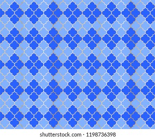 Middle East Mosque Vector Seamless Pattern. Argyle rhombus muslim textile background. Traditional mosque pattern with gold grid. Rich islamic argyle seamless design of lantern lattice shape tiles.
