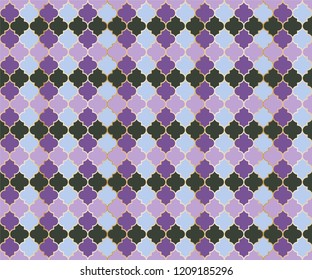 Middle East Mosque Vector Seamless Pattern. Ramadan mubarak muslim background. Traditional ramadan mosque vector pattern with gold grid. Trendy islamic window grid design of lantern shapes tiles.