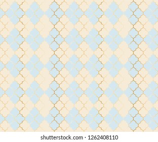 Middle East Mosque Vector Seamless Pattern. Argyle rhombus muslim textile background. Traditional ramadan pattern with gold grid. Trendy islamic argyle seamless design of lantern lattice shape tiles.