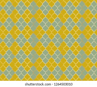 Middle East Mosque Vector Seamless Pattern. Argyle rhombus muslim fabric background. Traditional mosque pattern with gold grid. Cool islamic argyle seamless design of lantern lattice shape tiles.
