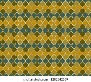 Middle East Mosque Vector Seamless Pattern. Ramadan mubarak muslim background. Traditional ramadan mosque vector pattern with gold grid. Rich islamic window grid design of lantern shapes tiles.